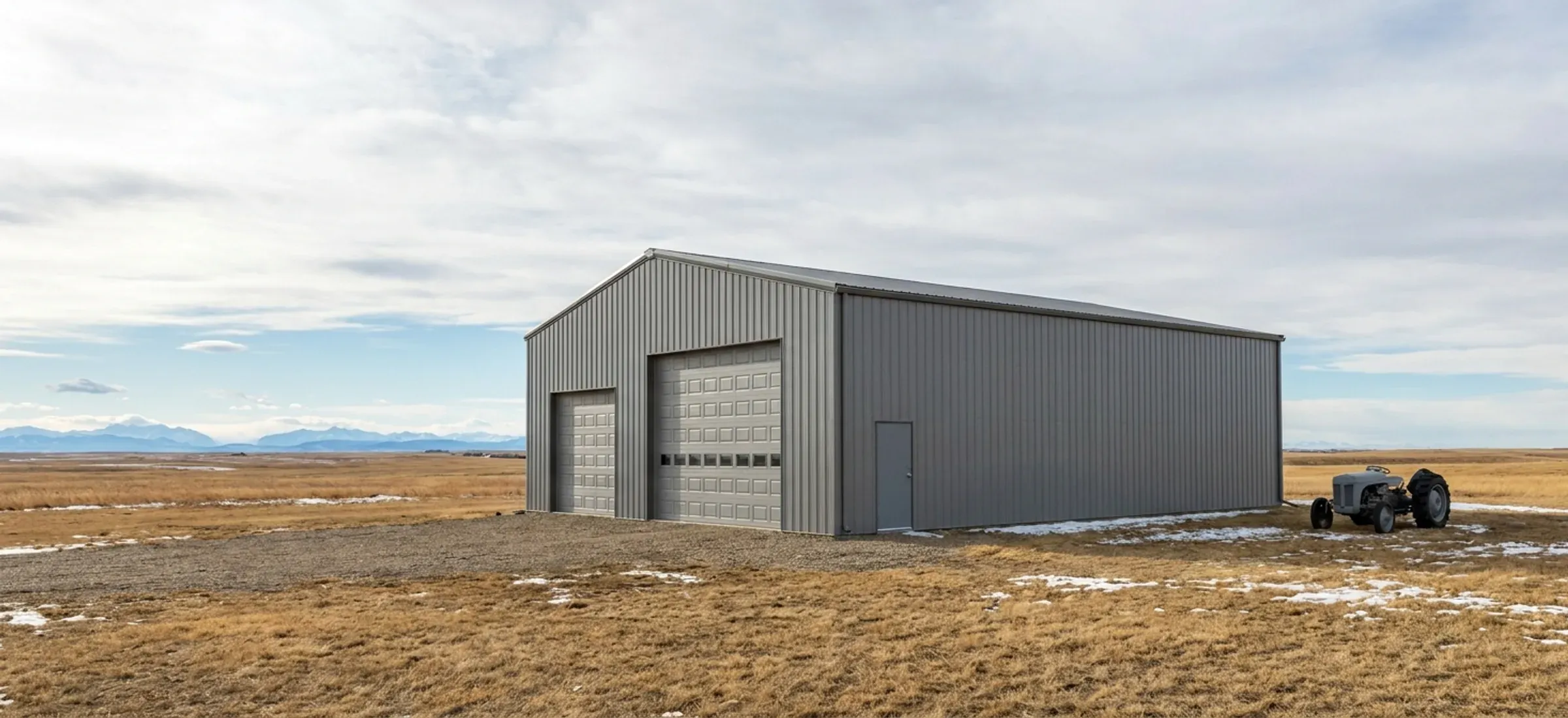 A 40 by 60 foot steel shop with a tall RV door and a standard overhead door on the end wall