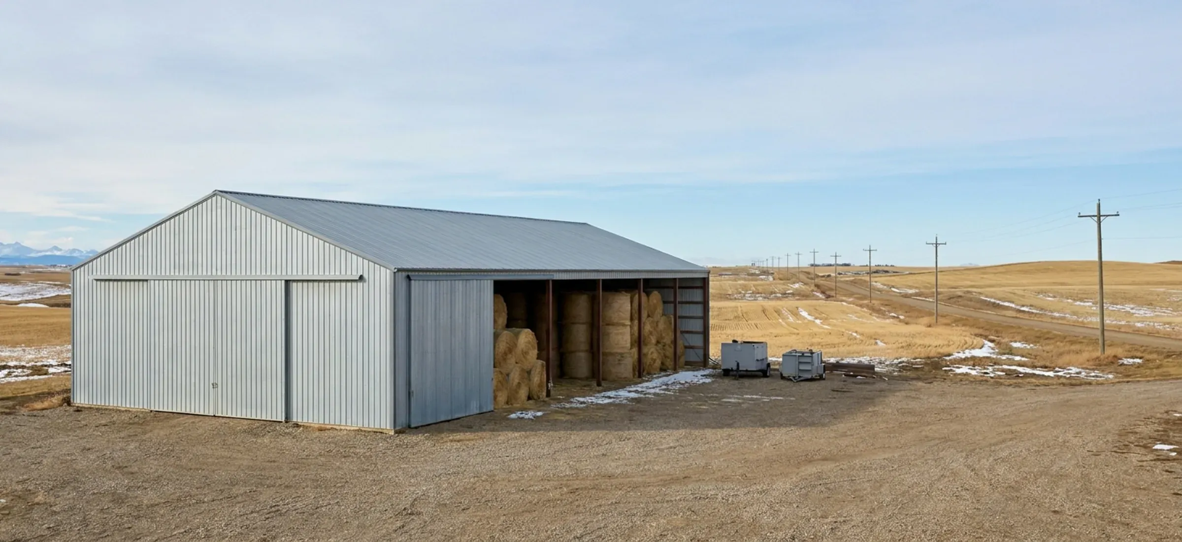 A large steel farm building for hay and machinery on rolling cropland with a gravel yard