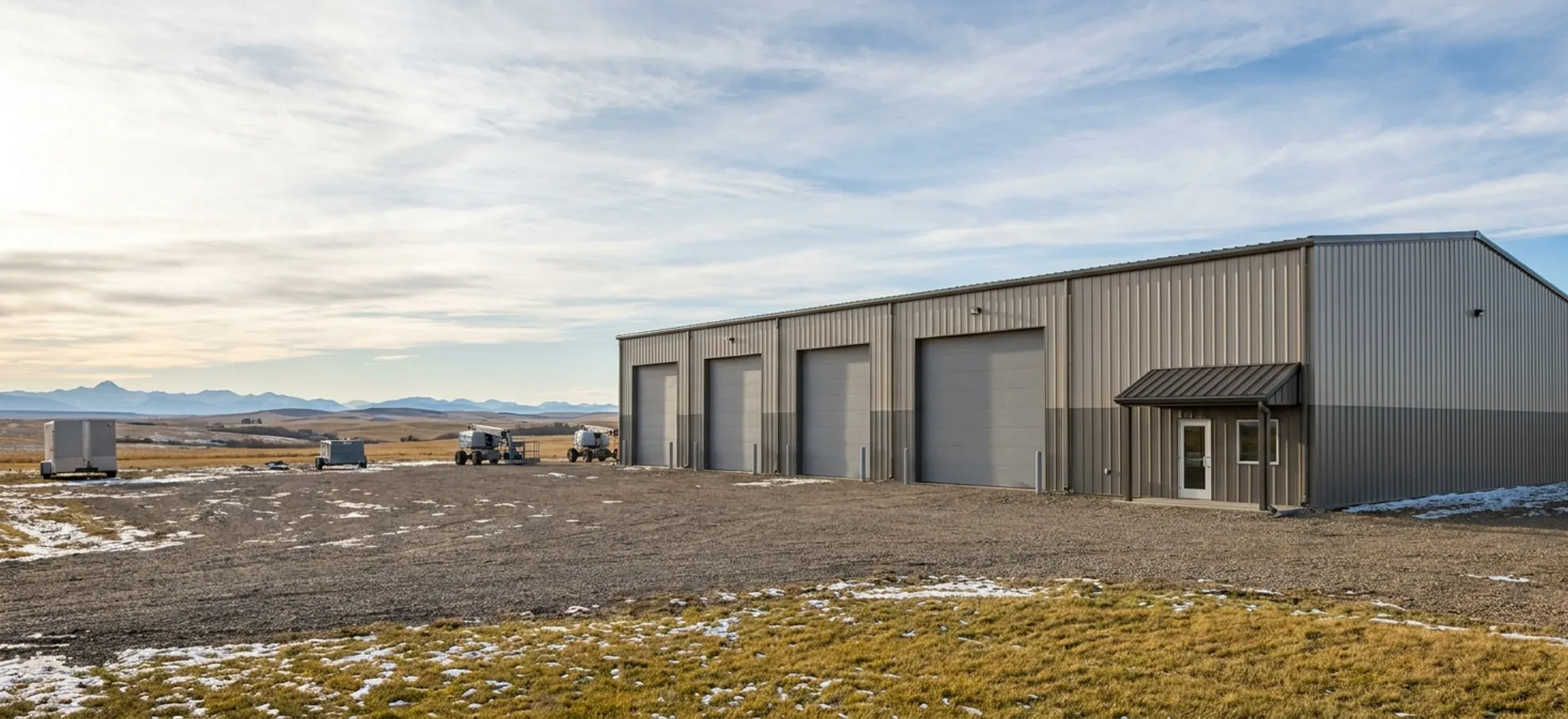 A 60 by 100 foot steel building with four overhead doors along the side wall and a gravel yard