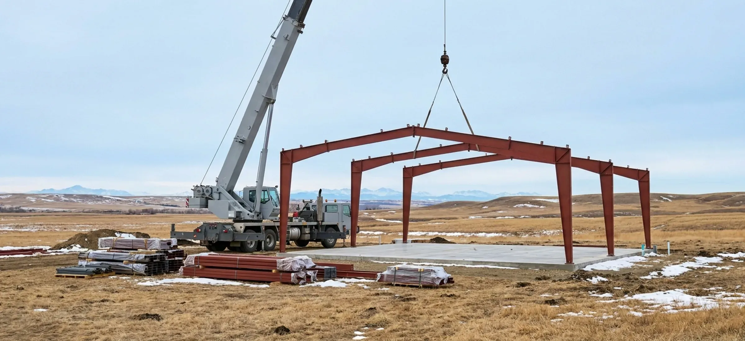 Steel frames being stood up by a plain grey crane on a slab, with kit bundles staged nearby