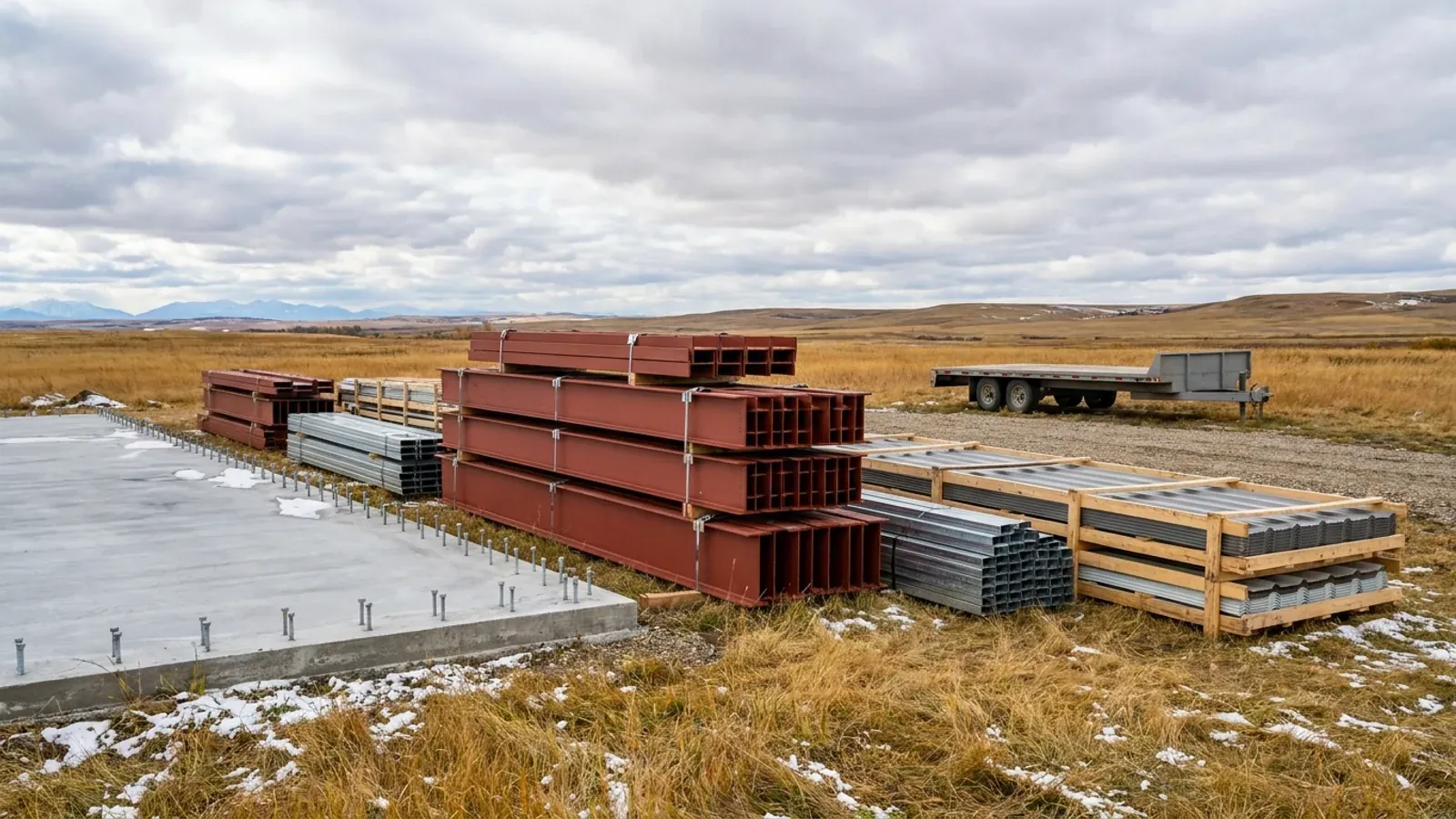 Bundled steel frame members, purlins and stacked roof panels staged beside a new concrete slab with anchor bolts